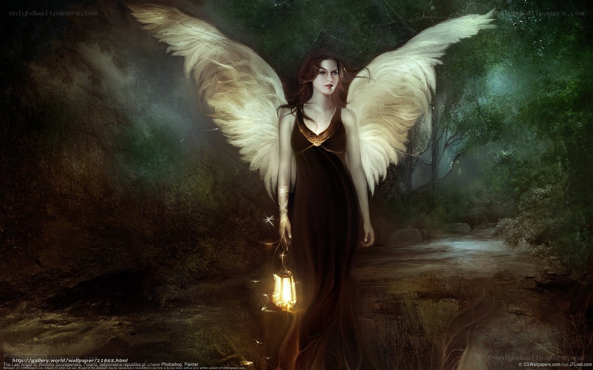 Angel with lantern in forest