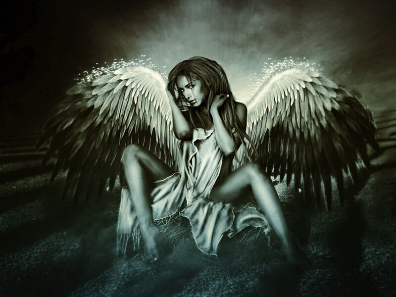 Angel with Large Wings — Black, Dramatic, Digital Art, Dress