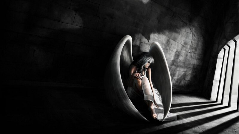 Angel with Large Wings — Black, Dramatic, Digital Art, Stone Wall, Window, Light, White, Gray