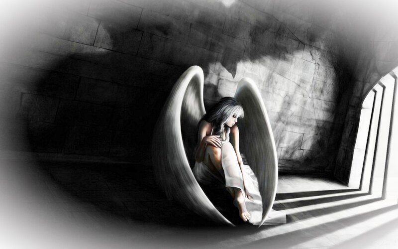 Angel with Large Wings — Black, Dramatic, Digital Art, Stone Wall, Window