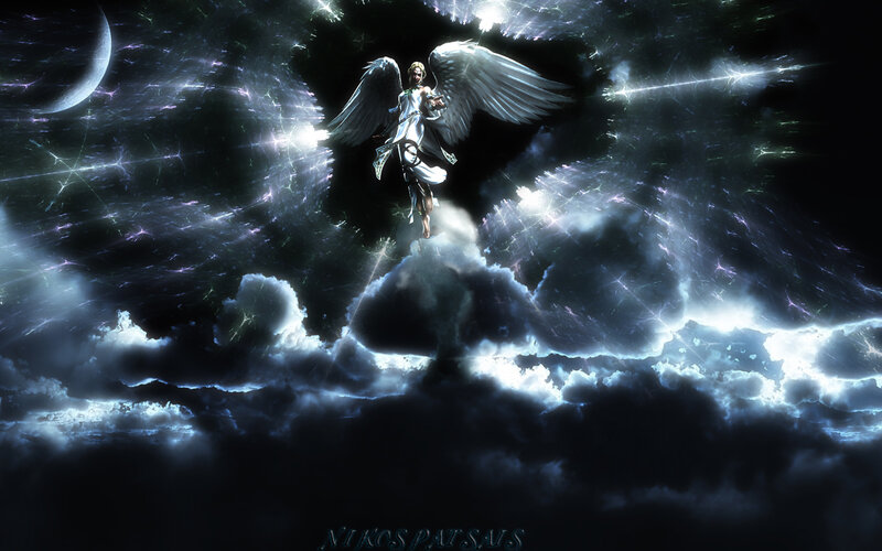 Angel with Large Wings — Black, Dramatic, Night, Digital Art, Clouds