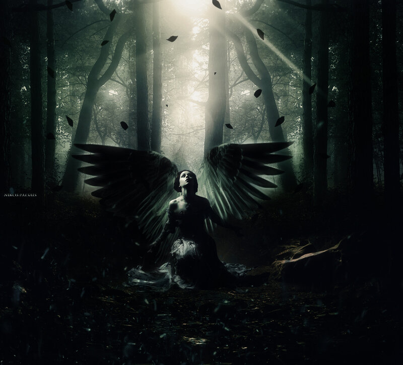 Angel with Large Wings — Black, Dramatic, Night, Digital Art, Forest