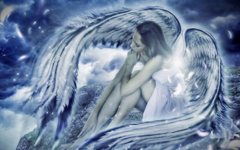 Angel with Large Wings — Blue, Dramatic, Night, Digital Art, Clouds