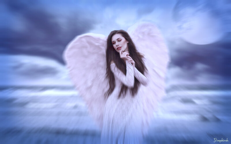 Angel with Large Wings — Blue, Dramatic, Night, Digital Art, Dress