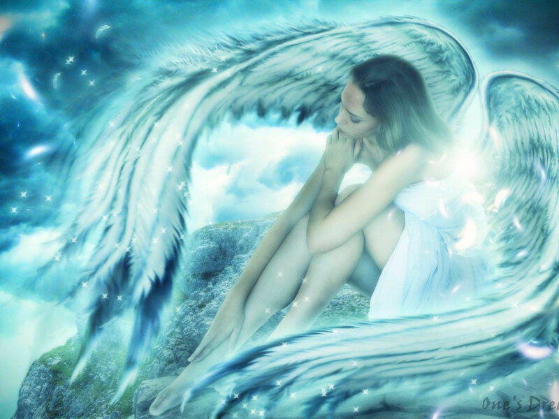 Angel with Large Wings — Blue, Serene, Digital Art
