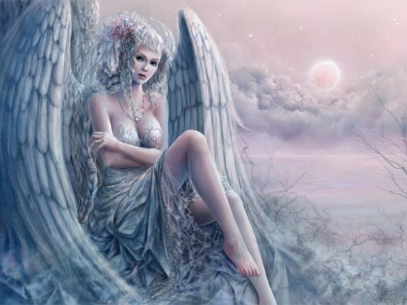 Angel with Large Wings — Blue, Serene, Night, Digital Art, Dress