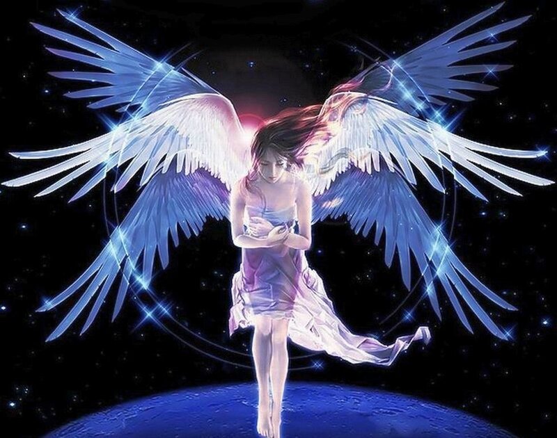 Angel with Large Wings — Blue, Serene, Night, Digital Art