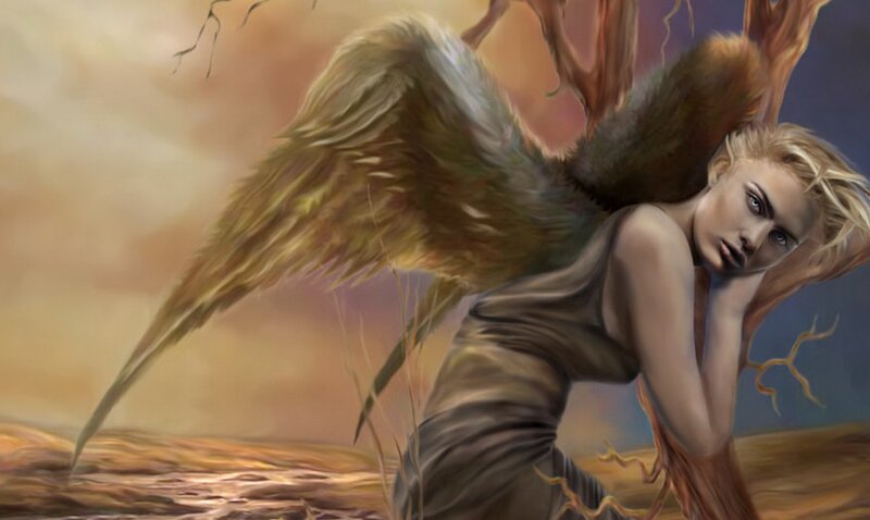 Angel with Large Wings — Brown, Dramatic, Sunset, Digital Art