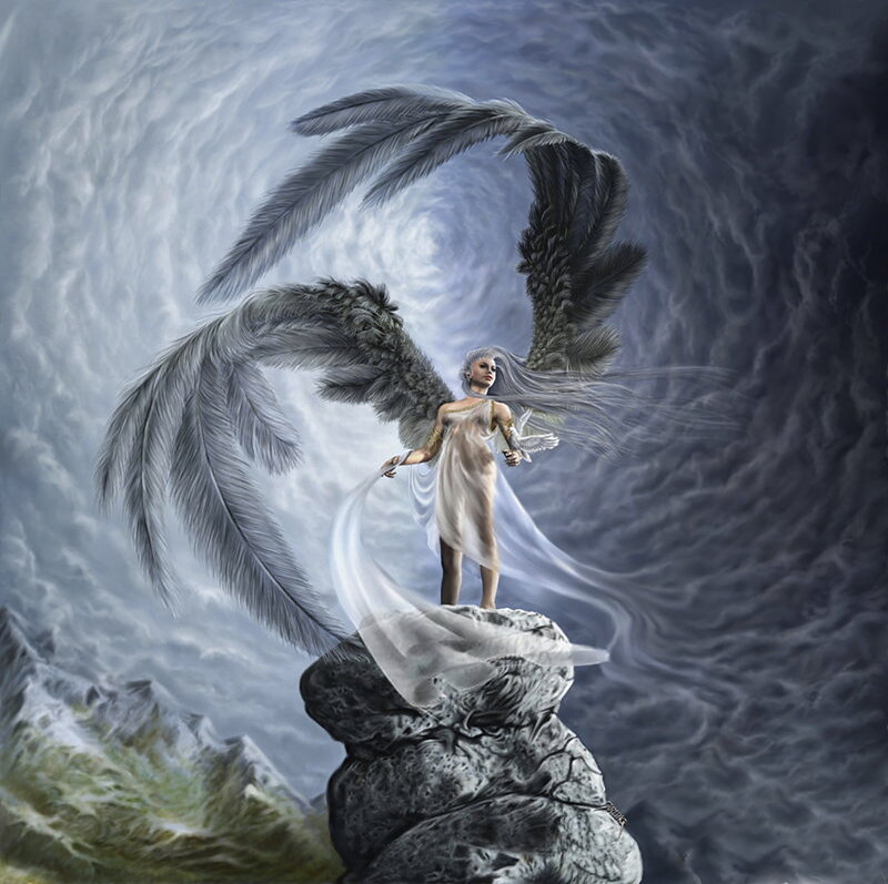 Angel with Large Wings — Gray, Dramatic, Digital Art, Rock