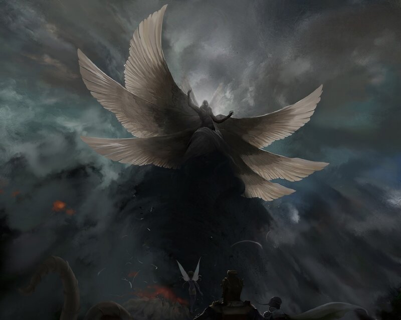 Angel with Large Wings — Gray, Dramatic, Night, Digital Art