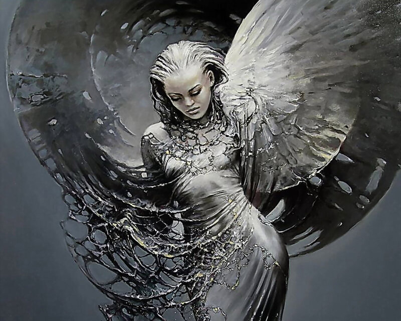 Angel with Large Wings — Gray, Dramatic, Painting