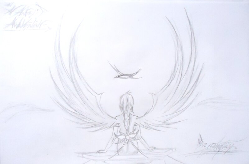 Angel with Large Wings — Gray, Serene, Illustration