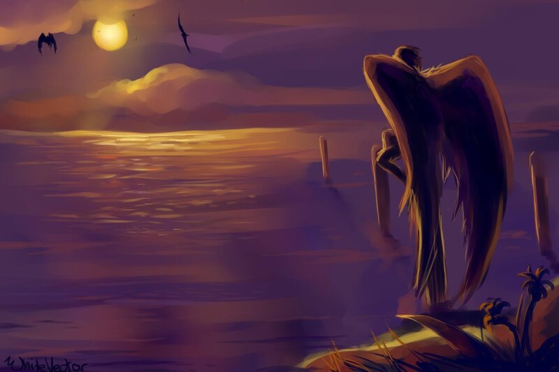 Angel with Large Wings — Purple, Dramatic, Sunset, Digital Art, Bird, Sun