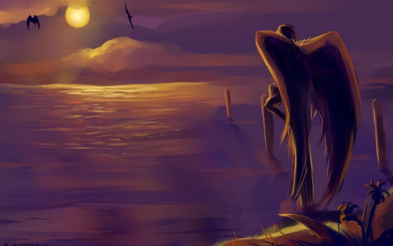Angel with Large Wings — Purple, Dramatic, Sunset, Digital Art, Bird