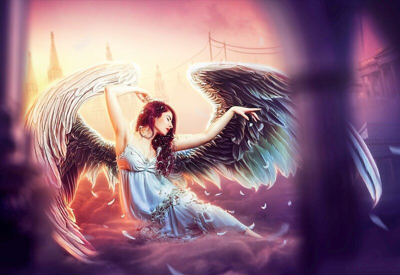 Angel with Large Wings — Purple, Dramatic, Sunset, Digital Art, Dress