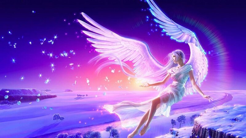 Angel with Large Wings — Purple, Serene, Night, Digital Art, Stars