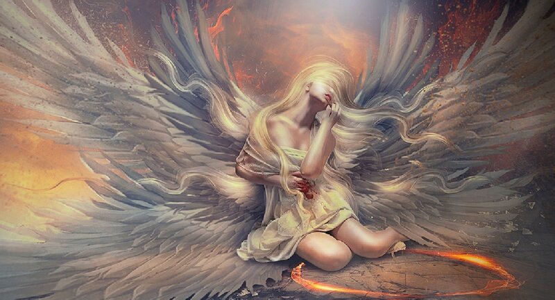 Angel with Large Wings — White, Dramatic, Digital Art, Blood