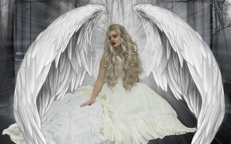 Angel with Large Wings — White, Dramatic, Digital Art, Dress, Forest