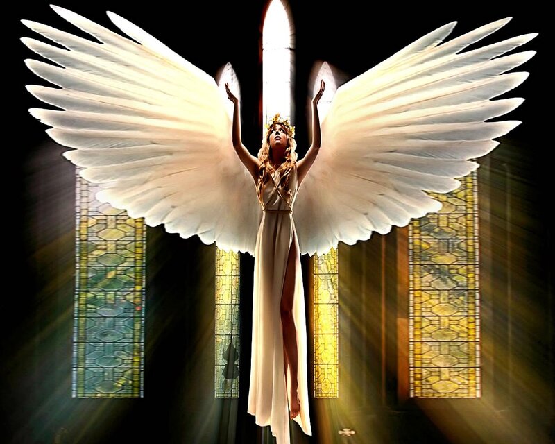 Angel with Large Wings — White, Dramatic, Digital Art, Stained Glass