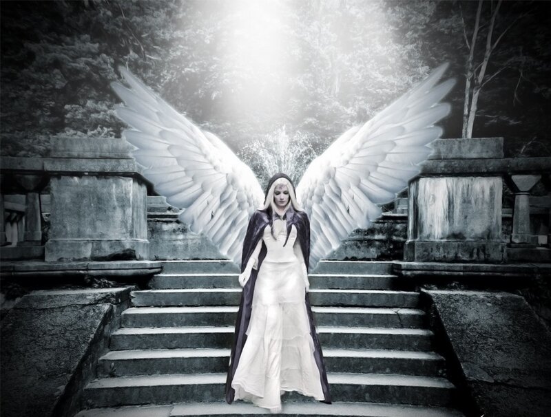 Angel with Large Wings — White, Dramatic, Digital Art, Stairs