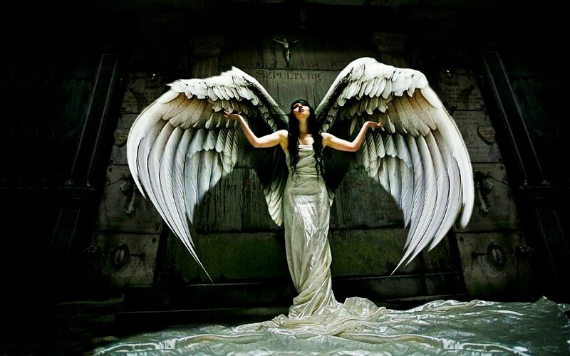 Angel with Large Wings — White, Dramatic, Night, Digital Art, Dress, Tombstone