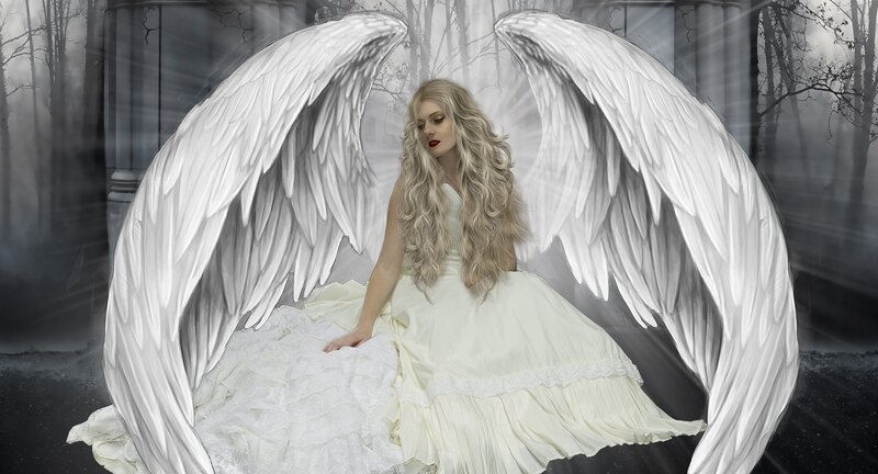 Angel with Large Wings — White, Dramatic, Night, Digital Art, Woman