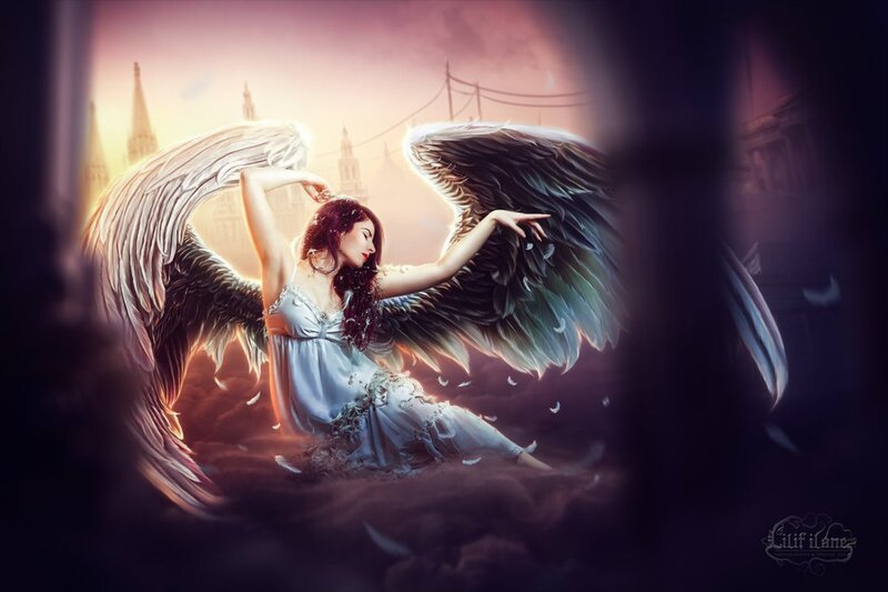 Angel with Large Wings — White, Dramatic, Sunset