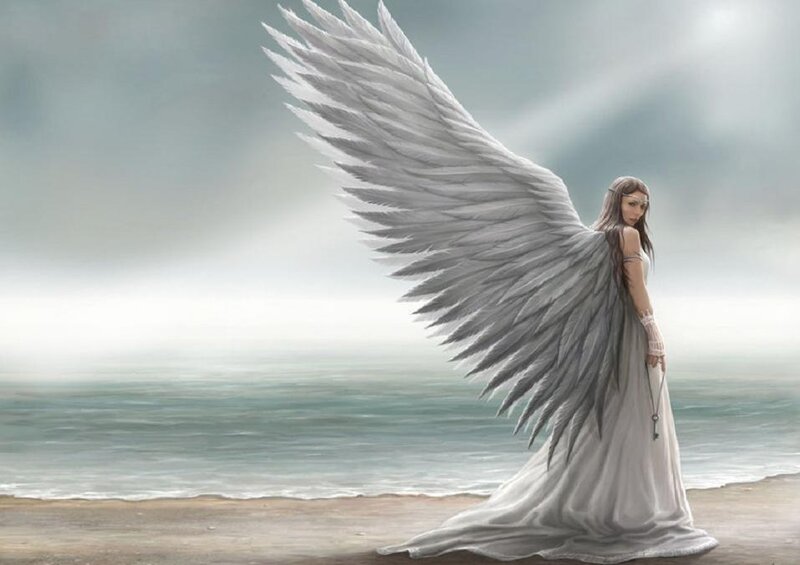 Angel with Large Wings — White, Serene, Digital Art, Ocean, Beach