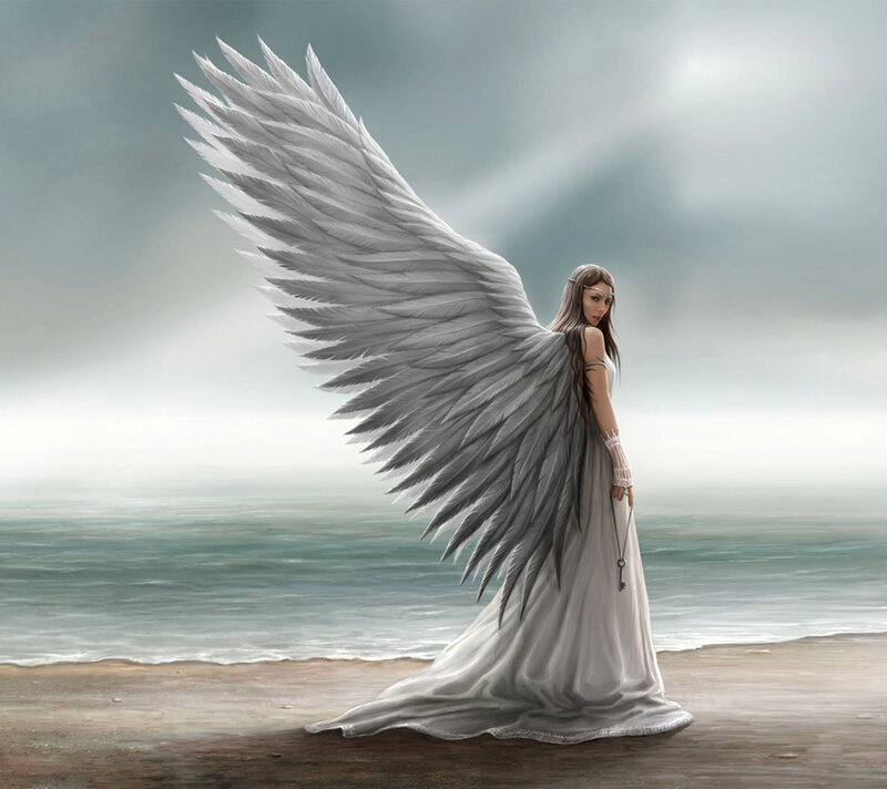 Angel with Large Wings — White, Serene, Digital Art, Ocean