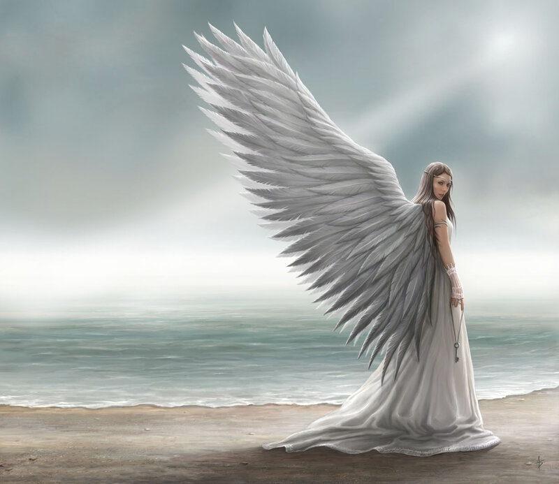 Angel with Large Wings — White, Serene, Digital Art