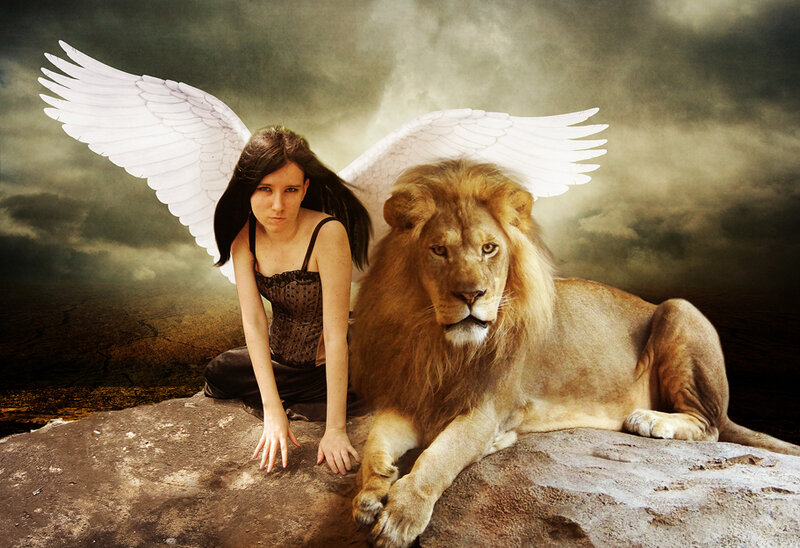 Angel with lion on a rock