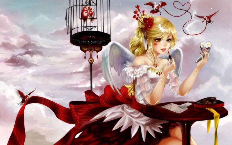 angel with lipstick and birds