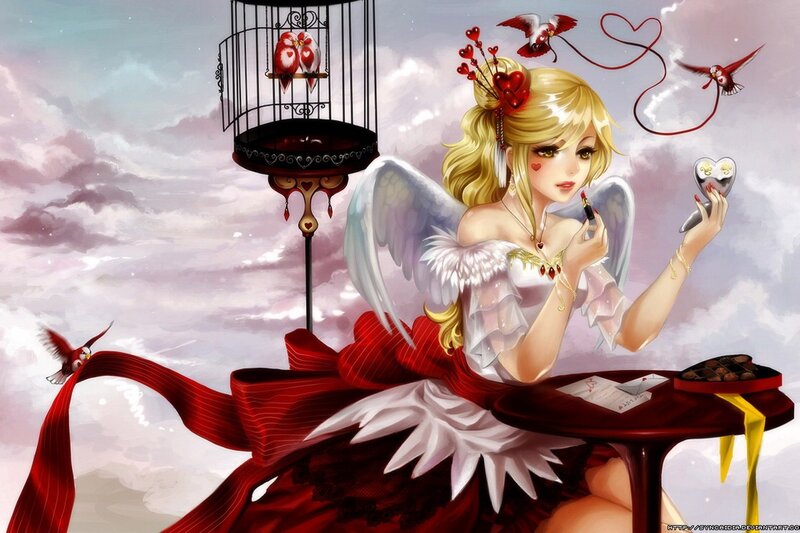 angel with lipstick and birds