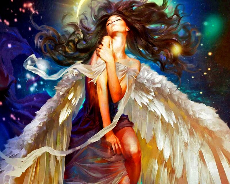 Angel with Long Hair — White, Dramatic, Night