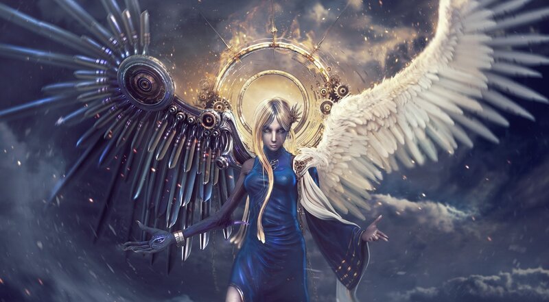 Angel with Mechanical Wings — Blue, Dramatic, Digital Art, Mechanical Parts, Halo