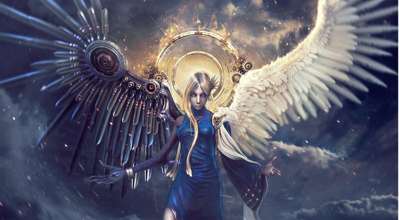 Angel with Mechanical Wings — Blue, Dramatic, Digital Art