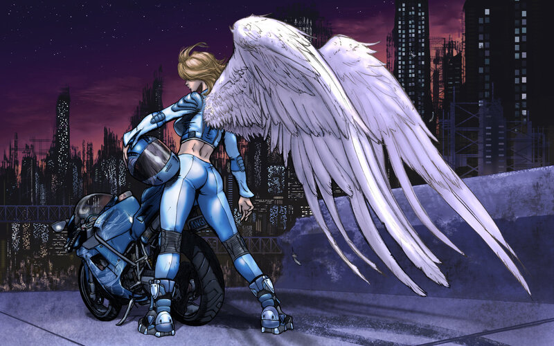 angel with motorcycle in city