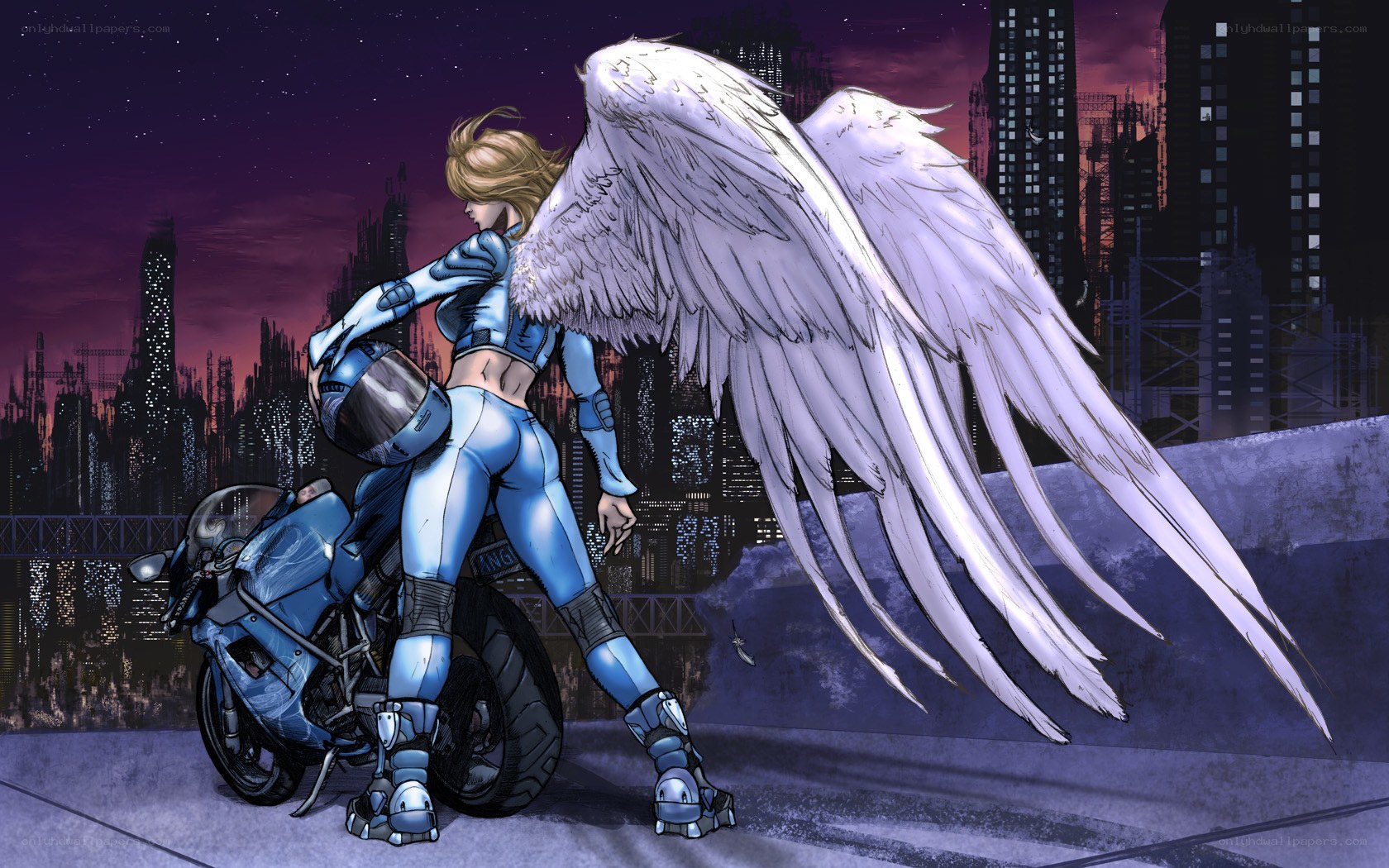 angel with motorcycle in city