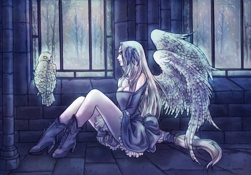 Angel with owl by window