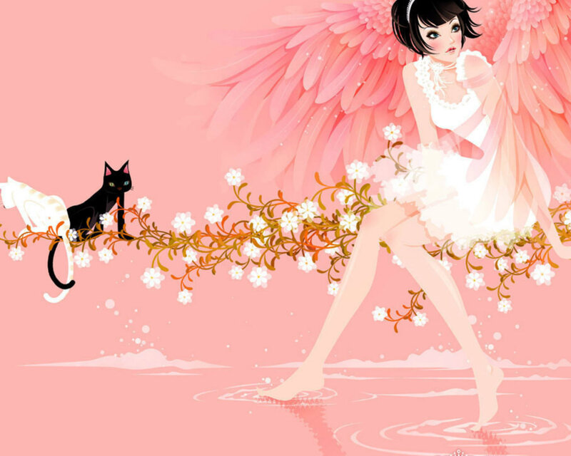 Angel with Pink Wings — Serene, Digital Art, Cat