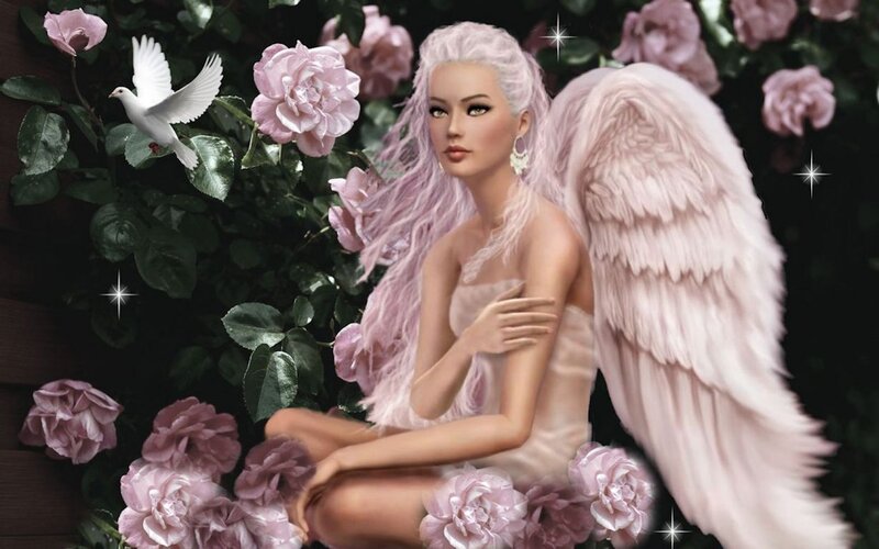 Angel with Pink Wings — Serene, Digital Art, Roses