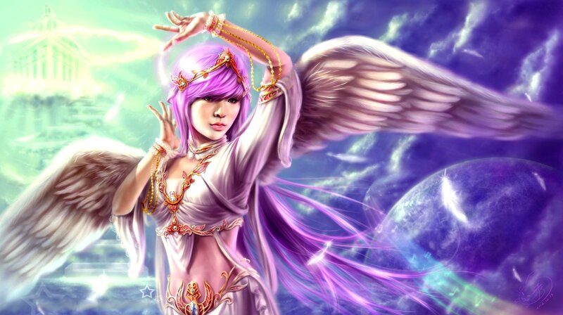 angel with purple hair and wings