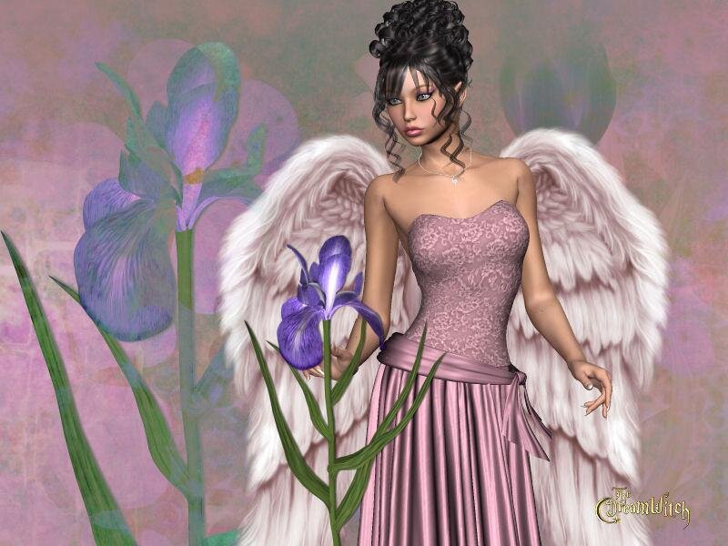 angel with purple iris flower
