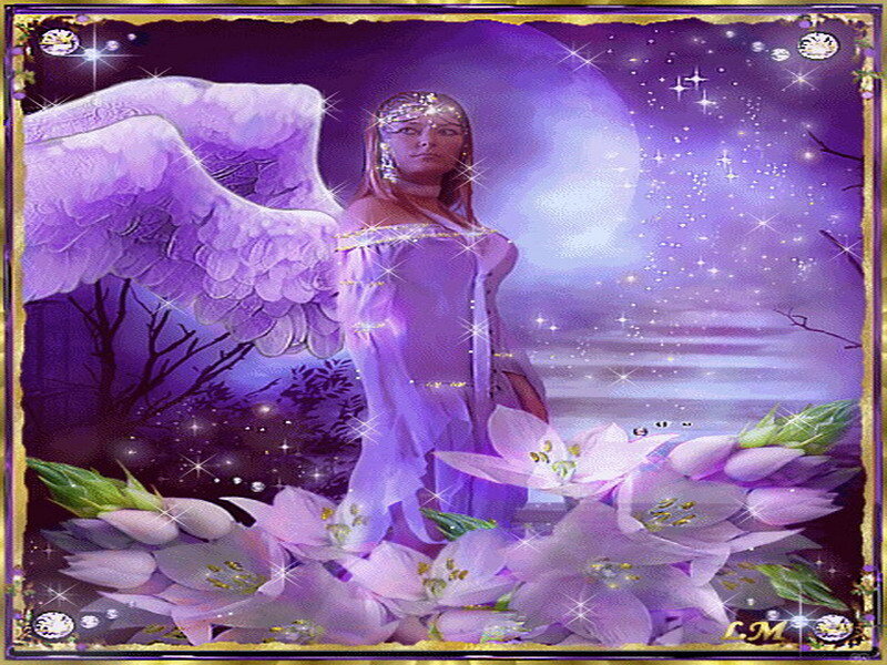 Angel with purple wings and flowers