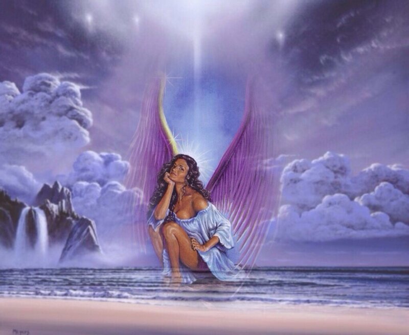 Angel with Purple Wings — Serene, Night, Digital Art, Ocean