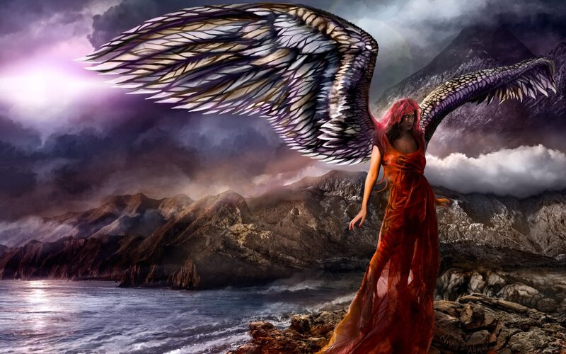 Angel with Red Dress — Dramatic, Night, Digital Art