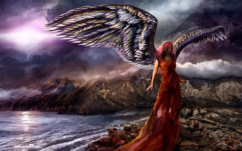 Angel with Red Dress — Dramatic, Night, Digital Art, Wings, Mountains