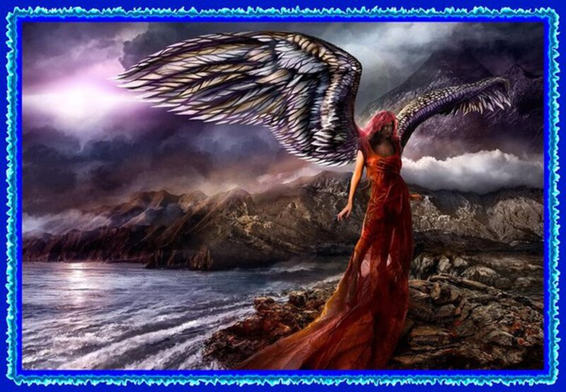 Angel with Red Dress — Dramatic, Night, Digital Art, Wings