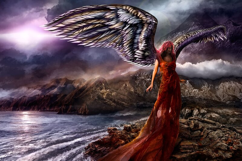 Angel with Red Dress — Dramatic, Sunset, Digital Art, Mountains, Sea, Wings