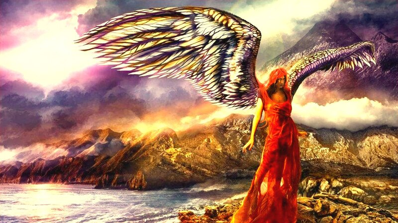 Angel with Red Dress — Dramatic, Sunset, Digital Art